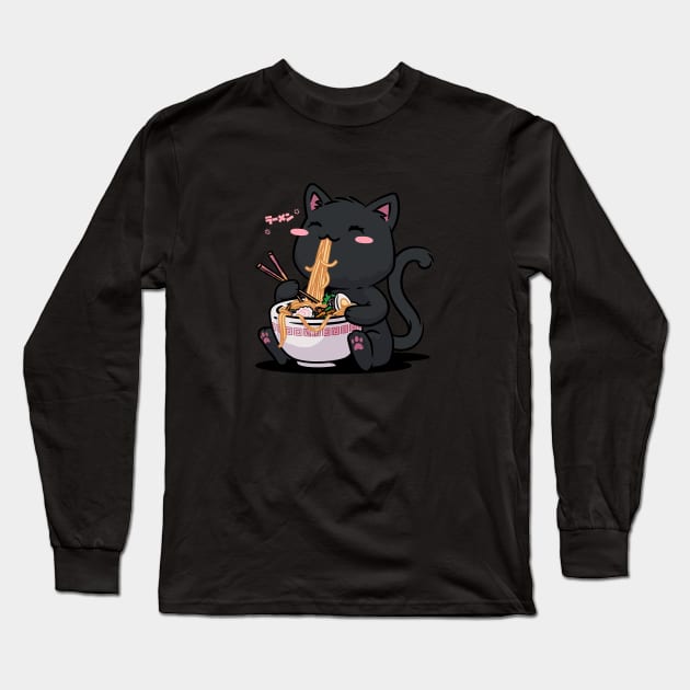 Ramen Cat Kawaii Neko Ramen Bowl Anime Black Cat Long Sleeve T-Shirt by vo_maria